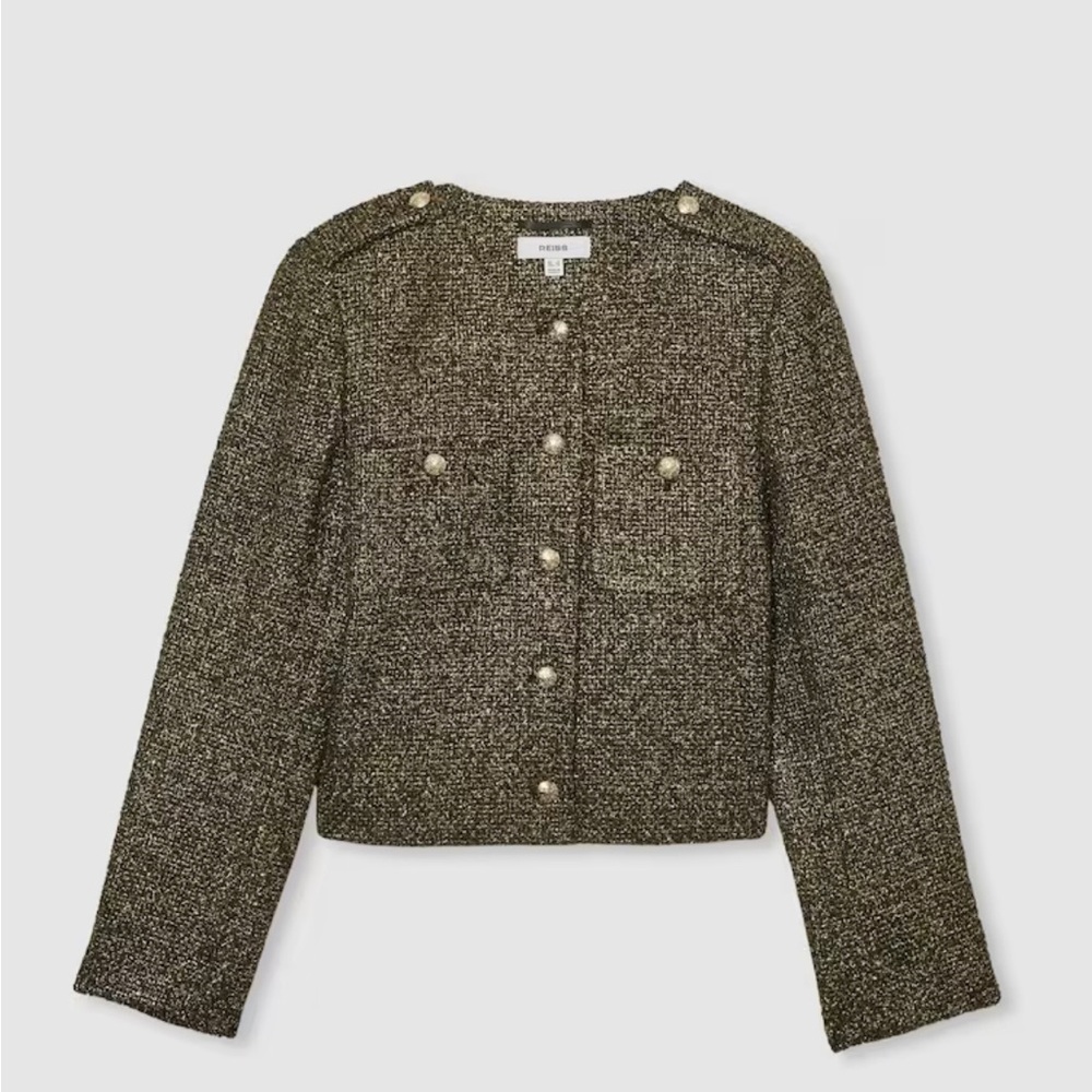 REISS - WYNEE LAMÉ-TWEED JACKET IN GOLD - Size 4